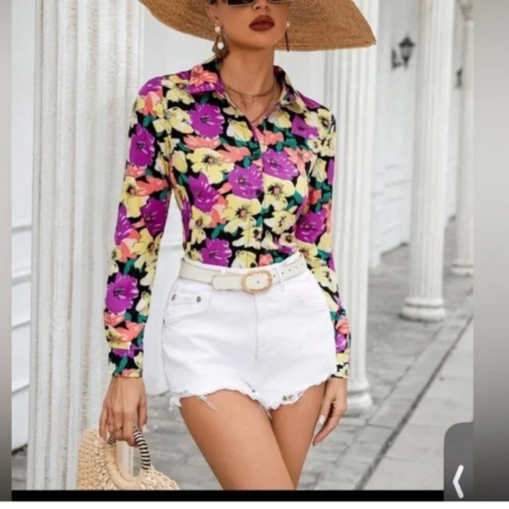 VCAY Full Floral Printed Long Sleeve Women'S Shirt size S new without tag - Picture 3 of 9